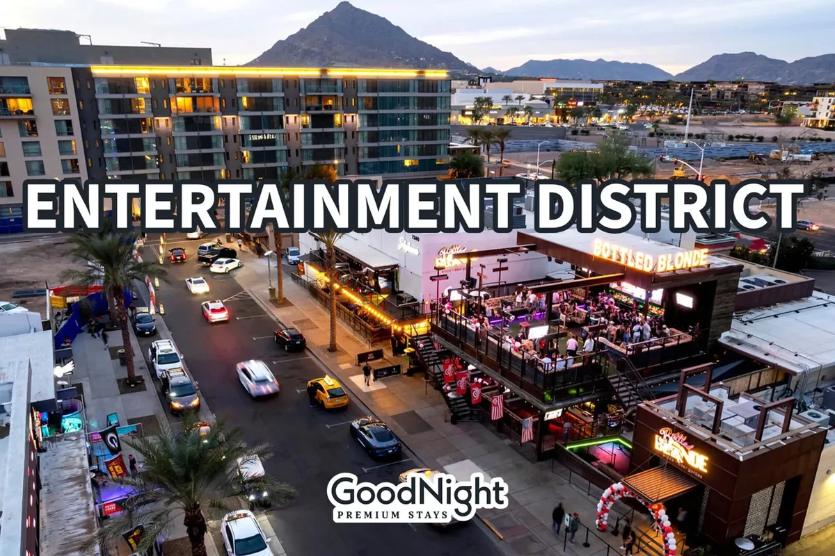 The image shows Bottled Blonde, a well-known nightlife destination in Old Town Scottsdale. The street is illuminated, with people and cars moving about, and mountains framing the background, capturing the vibrant energy of the city's nightlife.